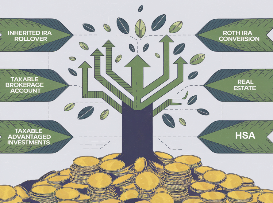 A stylized tree growing from coins, with branches representing reinvestment strategies for inherited IRAs.