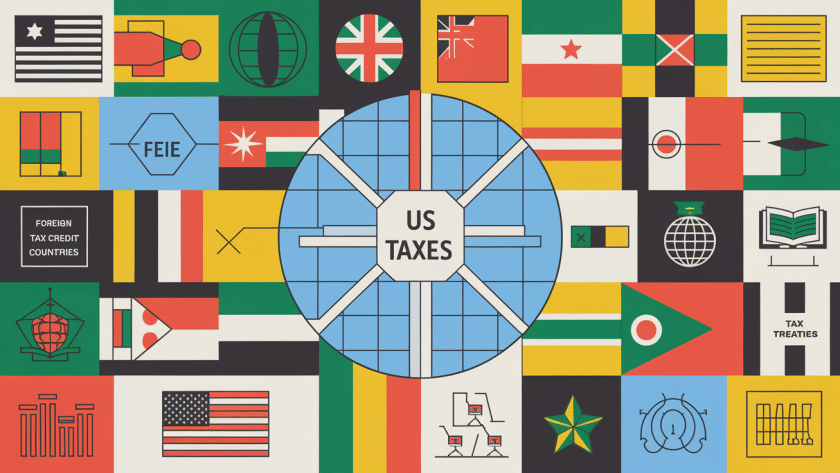 A block illustration showing a globe with flags representing different countries, connected to a central point labeled "US Taxes," with icons for key expat tax concepts.