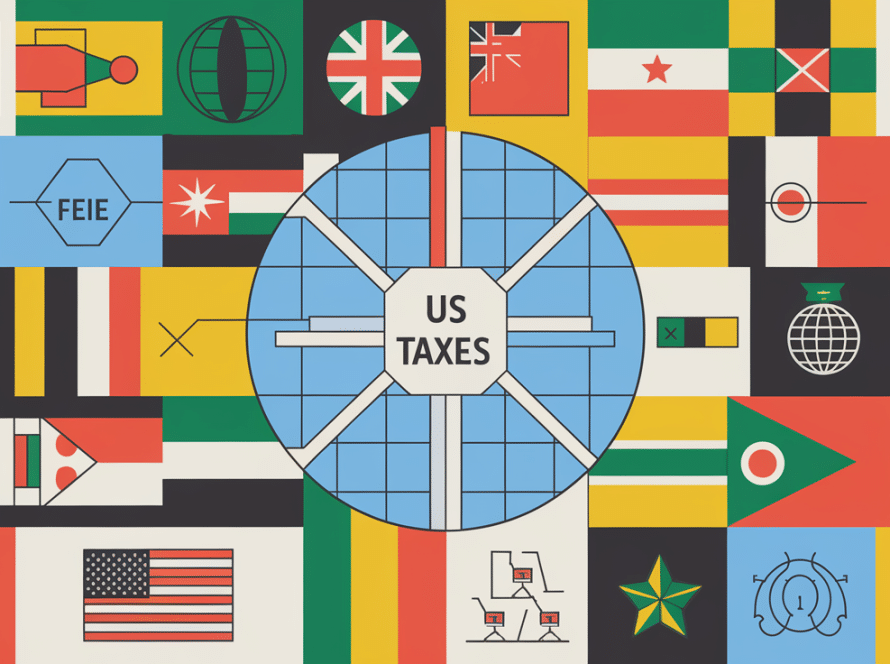 A block illustration showing a globe with flags representing different countries, connected to a central point labeled "US Taxes," with icons for key expat tax concepts.