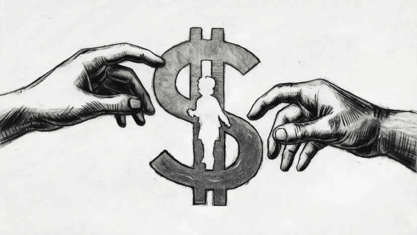 Two hands reaching towards a symbol representing the Child Tax Credit.