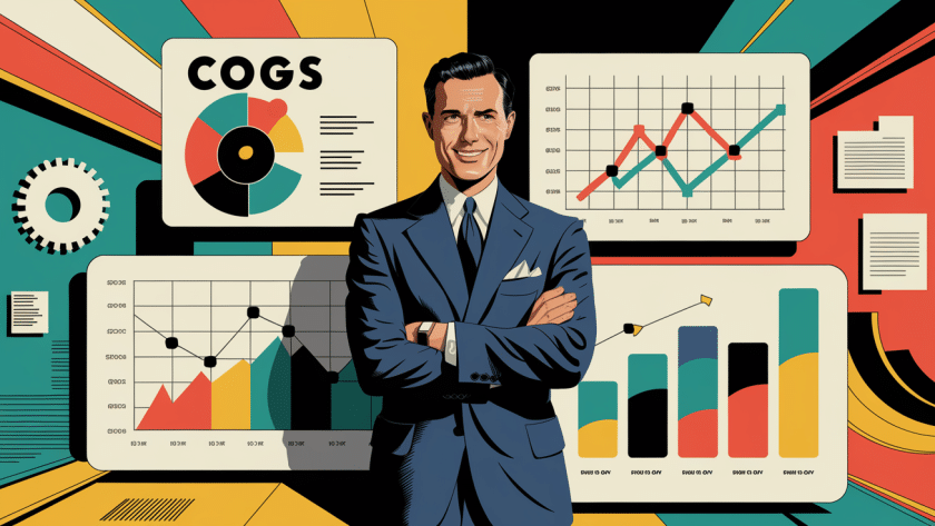 Vintage-style poster showing a business owner celebrating financial success.