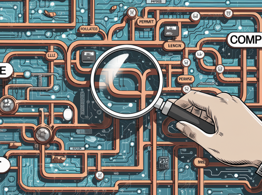 Magnifying glass examining a complex network of business regulations.