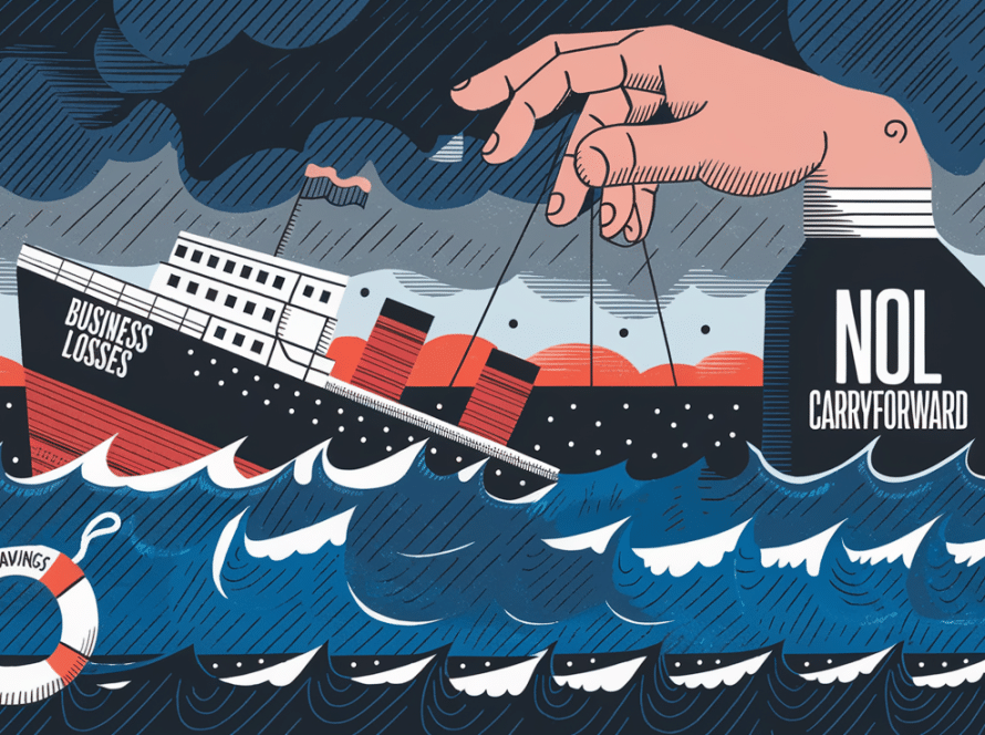 A block illustration showing a hand labeled "NOL Carryforward" lifting a sinking ship labeled "Business Losses" out of stormy waters.