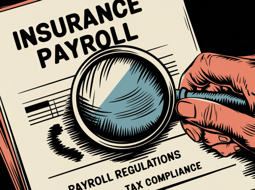 Woodcut illustration of a hand examining insurance payroll documents.