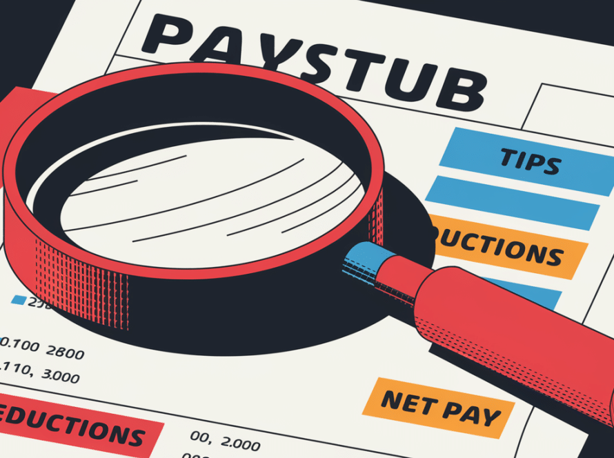 A magnifying glass examining a paystub with sections for tips, deductions, and net pay highlighted.
