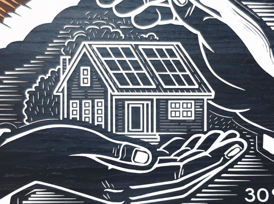 A house with solar panels being protected by a large hand.