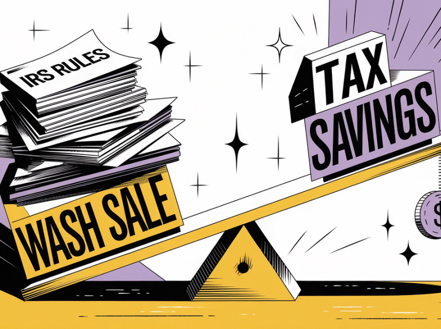 A seesaw with "Wash Sale" weighed down by "IRS Rules" and "Tax Savings" lifted by a "Loss" coin.