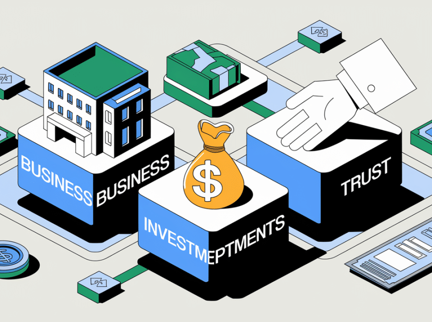 A block illustration showing the three components of the trifecta strategy as interconnected blocks, symbolizing the integration of business, investments, and trust for financial success.