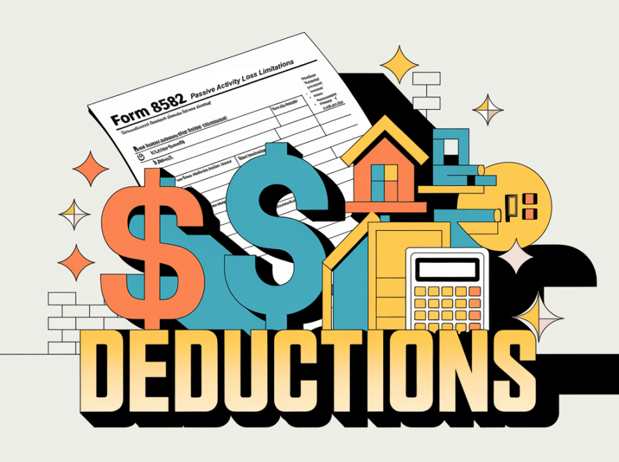 A block illustration of Form 8582 with tax-related icons like a dollar sign, house, and calculator, highlighting the keyword "Deductions."