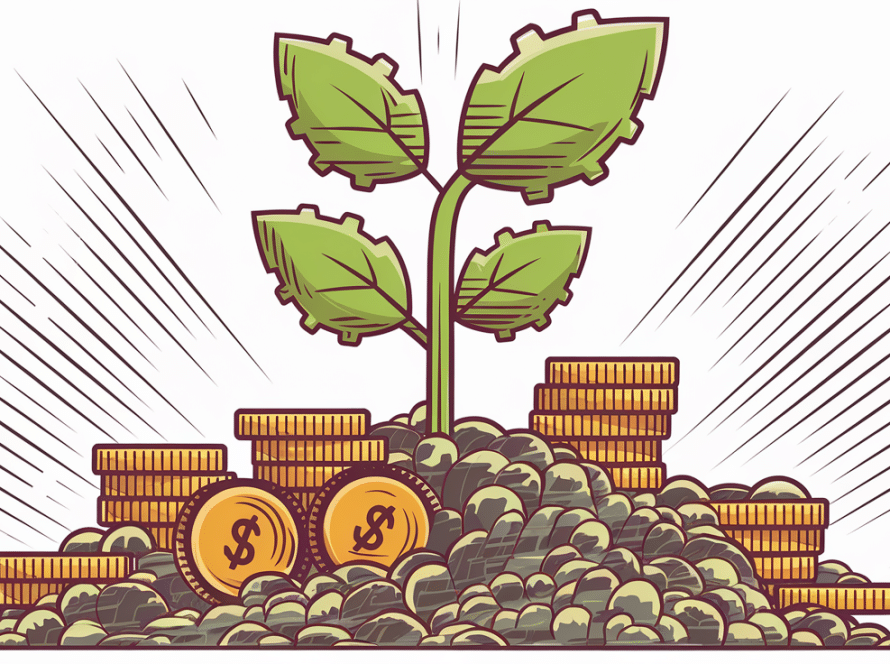 A plant growing out of coins, representing business growth through R&D tax credits.
