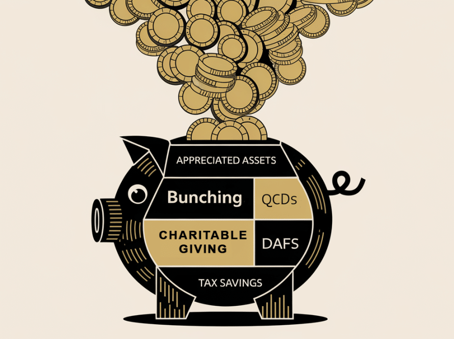 A stylized piggy bank overflowing with coins, representing tax savings through charitable giving.