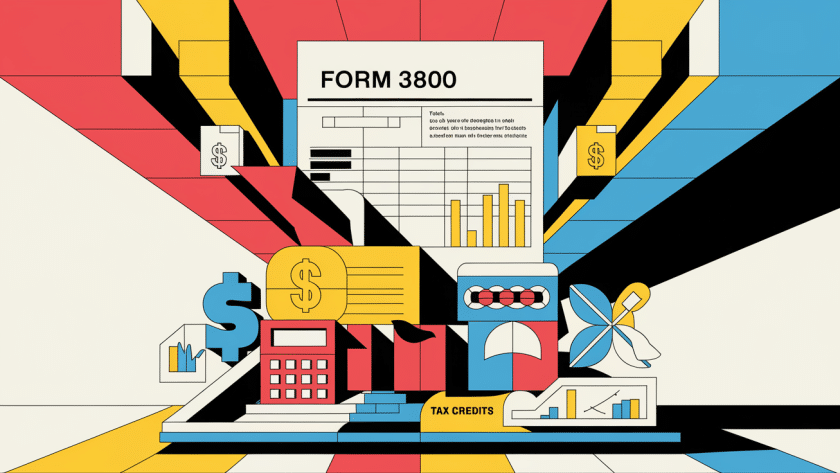 Flat design illustration of a computer screen displaying Form 3800 with interactive elements and tooltips, highlighting the keyword "Business Taxes."