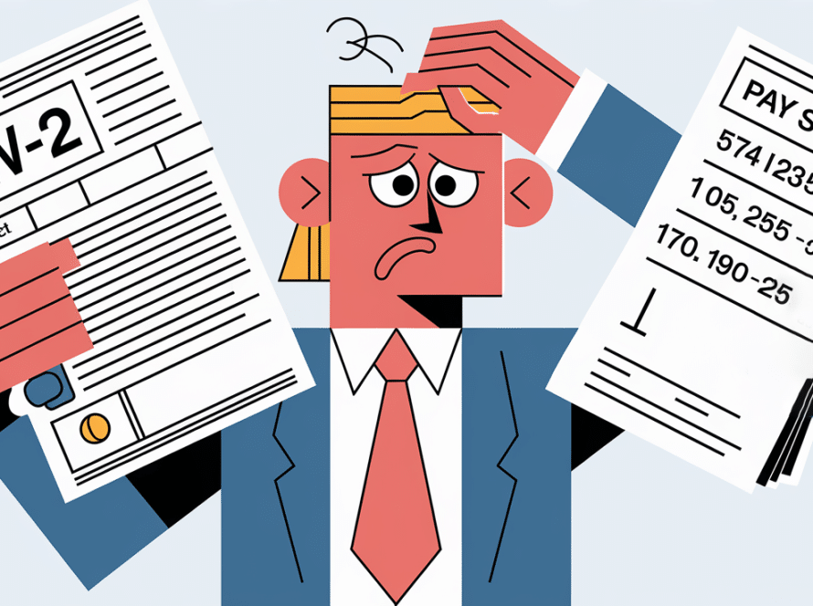 A confused taxpayer comparing a W-2 and pay stub with different numbers.