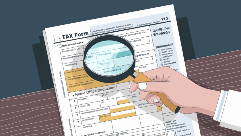 A hand holding a magnifying glass over a tax form.