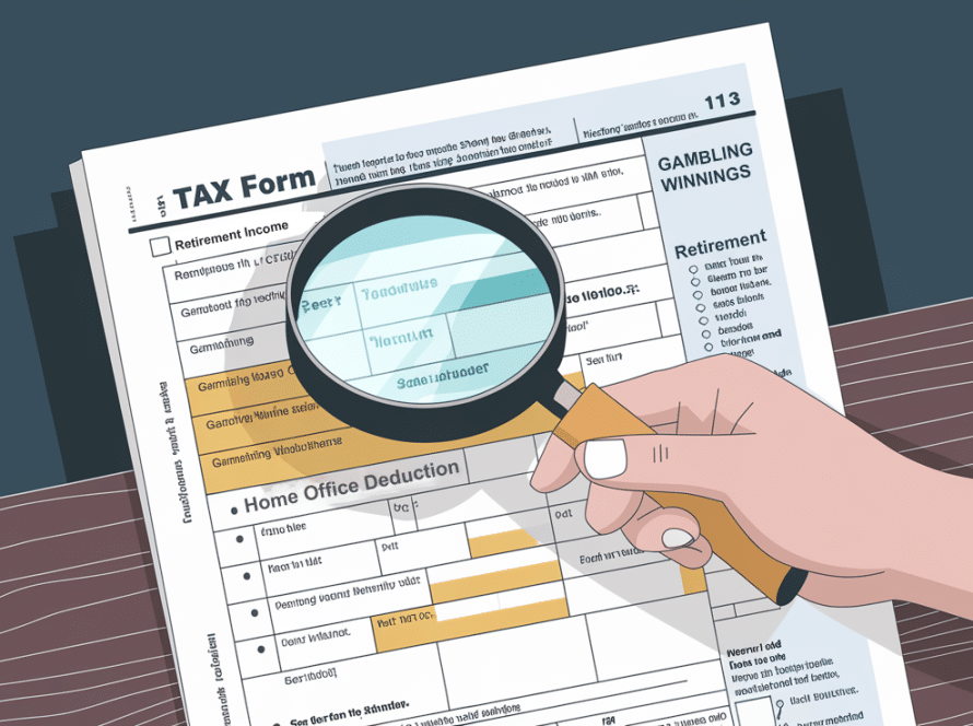 A hand holding a magnifying glass over a tax form.