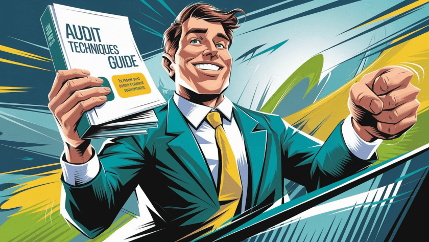 An advertising illustration of a smiling taxpayer confidently holding an "Audit Techniques Guide."