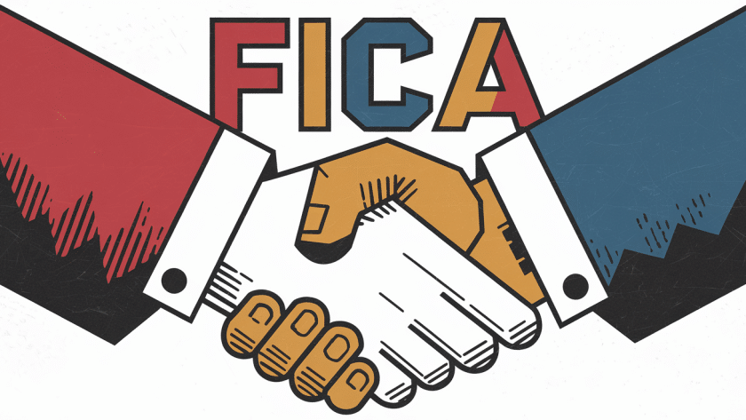 Block illustration of employer and employee shaking hands with FICA written above.
