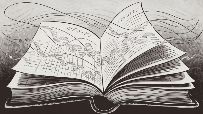 An open book with intricate ink drawings representing the flow of transactions in a general ledger.