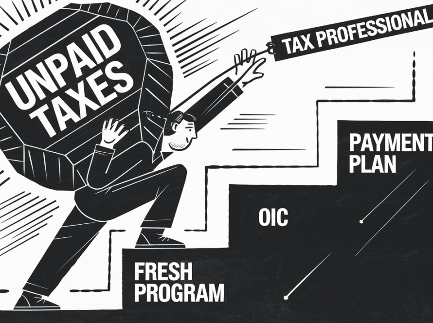 A person struggling to carry a heavy load of unpaid taxes up a staircase, reaching for help from a tax professional.