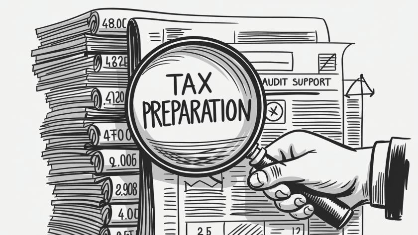 An ink illustration of a magnifying glass inspecting tax documents, highlighting the importance of audit support.
