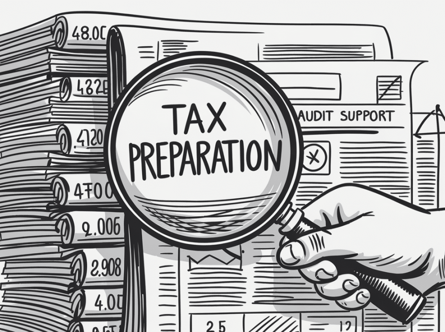 An ink illustration of a magnifying glass inspecting tax documents, highlighting the importance of audit support.