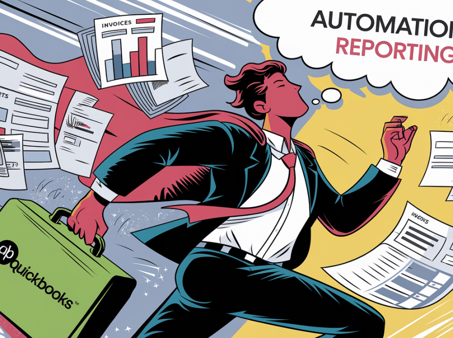 A stylized illustration of an accountant juggling financial documents.