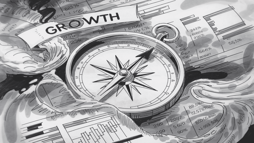 A compass pointing towards the word "Growth" surrounded by financial data.