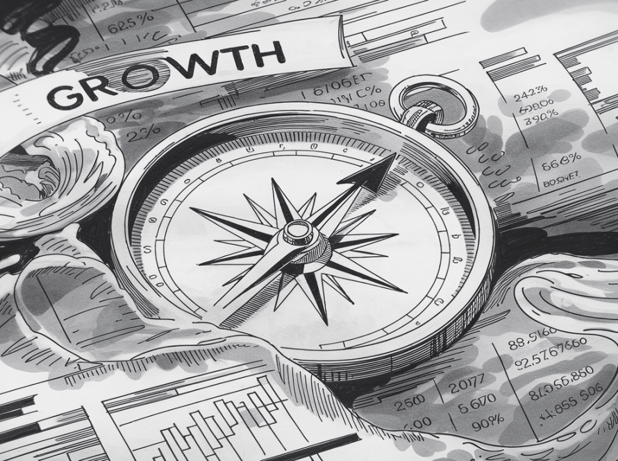 A compass pointing towards the word "Growth" surrounded by financial data.
