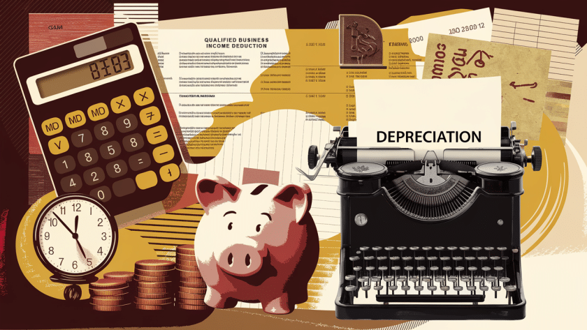 A collage illustration depicting various elements related to year-end tax planning, including a calculator, financial documents, a piggy bank, and a clock, with the keyword "Depreciation" incorporated.