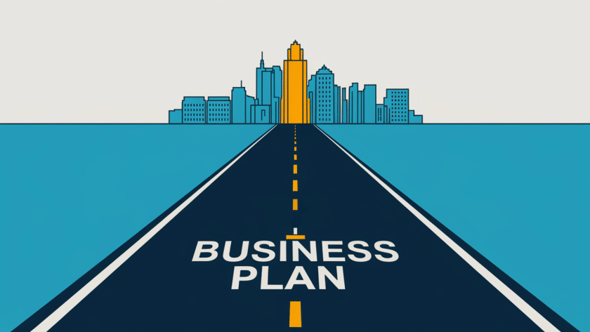 Block illustration of a roadmap to success with a city skyline in the background.