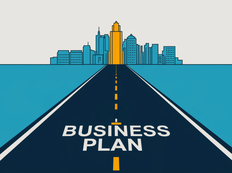 Block illustration of a roadmap to success with a city skyline in the background.