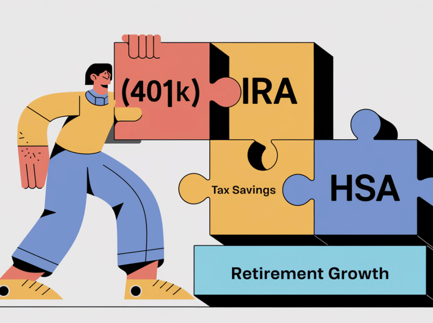 A block illustration of a person strategically placing puzzle pieces labeled "401(k)," "IRA," and "HSA" into slots for tax savings and retirement growth.