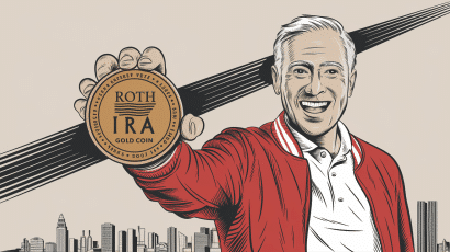 An advertising illustration of a cheerful retiree holding a "Roth IRA" gold coin, emphasizing the financial security and happiness associated with this retirement plan.