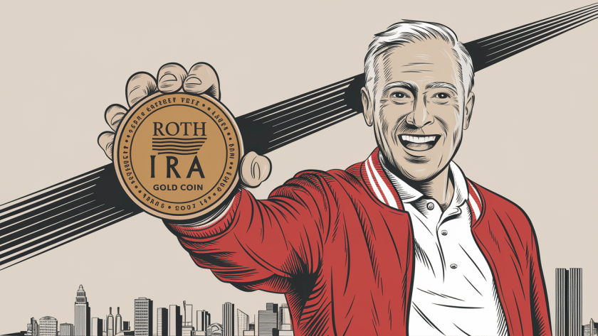 An advertising illustration of a cheerful retiree holding a "Roth IRA" gold coin, emphasizing the financial security and happiness associated with this retirement plan.