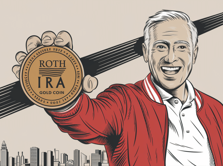 An advertising illustration of a cheerful retiree holding a "Roth IRA" gold coin, emphasizing the financial security and happiness associated with this retirement plan.